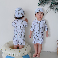 Set Baju Renang Anak Motif Hewan Satu Potong Lengan Pendek Ritsleting Depan Topi Renang Senada Baju Mandi Anak