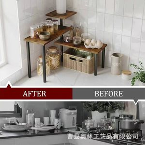 Multi Tiered Spice Rack Wooden <b>Corner</b> Storage Shelf Rustic Kitchen Counter Organizer With <b>Basket</b> And Jars For Pantry - Product Image 4