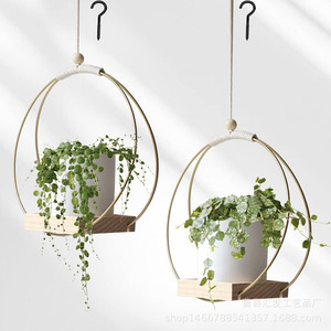 Support de plante suspendu en bois, style minimaliste rond, pour la décoration de balcon et de jardin - Product Image 1