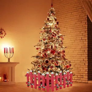 Valla de madera para árbol de Navidad de 90 x 30 cm, roja con puntas blancas y decoraciones de acebo para exhibición navideña - Product Image 5