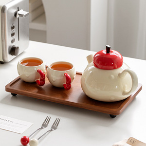 กาน้ำชาเซรามิครูปแอปเปิ้ลสุดสร้างสรรค์พร้อมถ้วยชุดน้ำชาพอร์ซเลนแปลกใหม่ - Product Image 3