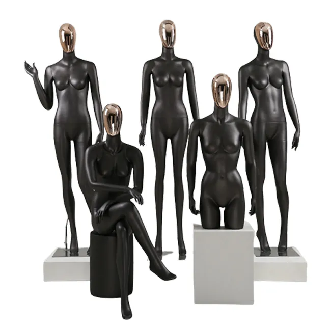 Fiberglass Black Full Body Veranderen Chrome Gezicht Hoofd Mooie Vrouwelijke Mannequin Mannequin Voor Kleding Winkel Etalage
