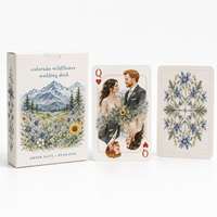 Jeu de cartes personnalisé pour mariage sur le thème des fleurs sauvages du Colorado, portrait de couple en aquarelle, texture en lin fin