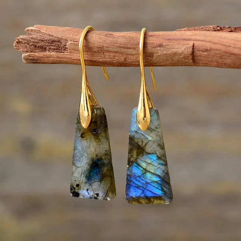 Luxury Gold Plated Natural Stones Labradorite Amethyst Amazonite Ladder Shape Hanging Dangle Earrings Jewelry