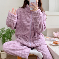 SAMWESTART Piyama Beludru Mawar Musim Gugur Musim Dingin untuk Wanita, Tebal Hangat Lengan Panjang dengan Ritsleting, Baju Rumah Set 2 Potong