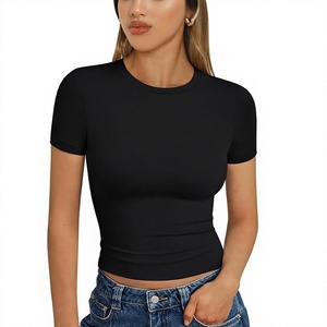 Camiseta Corta Negra de Manga Corta para Mujer, Cuello Redondo, Ajustada, Suave y Elástica, Informal, para Verano, Gimnasio, Ropa de Calle, Uso Diario - Product Image 1
