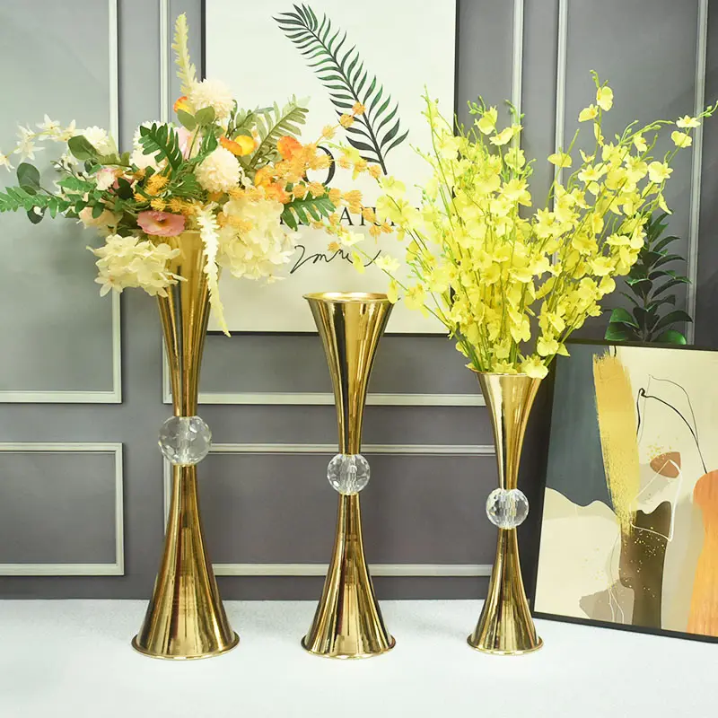 Luxo moderno grande piso metal vaso dourado ferro trabalho flor vaso casamento tabela decoração