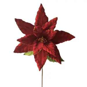 66CM Handmade High Grade Red Velvet Poinsettia Pick Christmas Decoration Artificial Flowers China