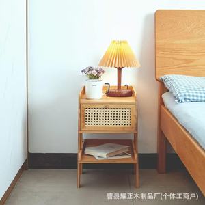 Mesita de noche de bambú y ratán, mesa estrecha, estante de almacenamiento, mesita de noche con cajón de tela para dormitorio, mesita de noche para dormitorio en casa - Product Image 3