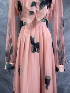Noeud papillon élégant robe longue 2025 été bohème plage dame doux fleuri vert feuilles imprimer à manches longues rose <span class=keywords><strong>Maxi</strong></span> robe grande taille - Product Image 5