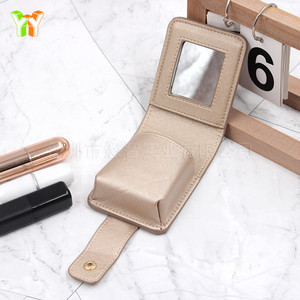 PU leather lipstick case with <b>mirror</b>, portable lipstick pouch for touch-ups, trendy cushion <b>compact</b> storage box, customizable. - Product Image 3