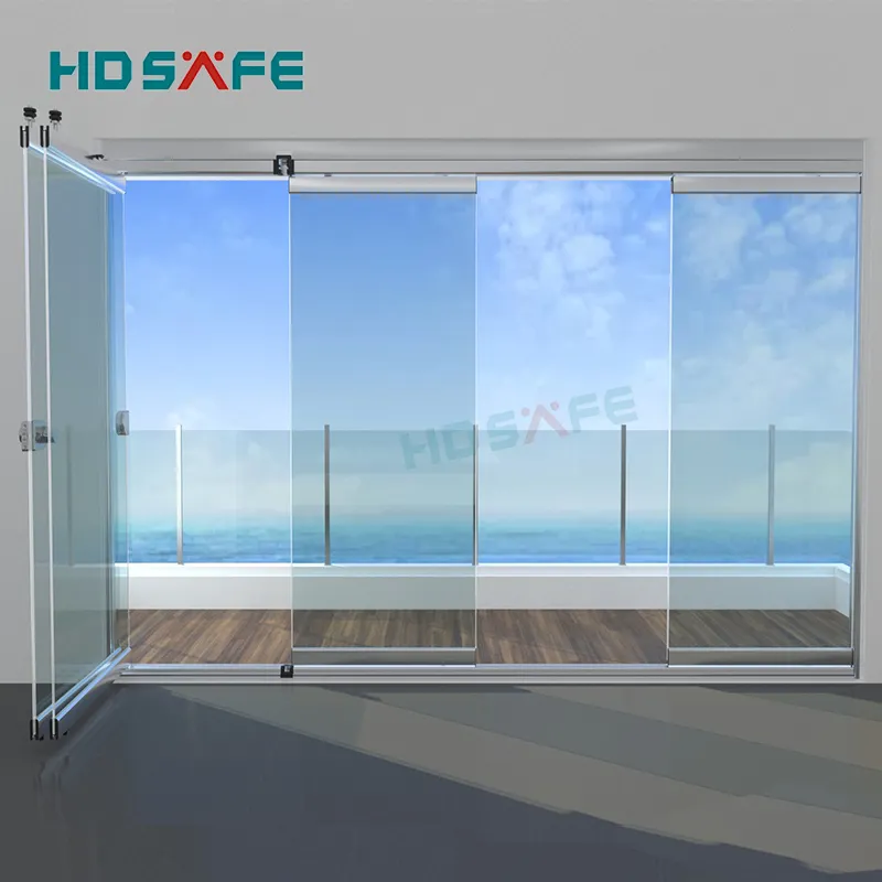 HDSAFE屋外ガラスパーティションスライディングアルミニウムガラスフレームレス折りたたみドアと窓