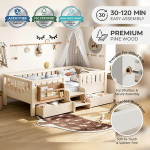 <span class=keywords><strong>Lit</strong></span> plateforme pour enfants avec rangement intégré, bibliothèque, tiroirs et escalier à 2 marches, en bois massif moderne et écologique, taille double/grand <span class=keywords><strong>lit</strong></span> - Product Image 1