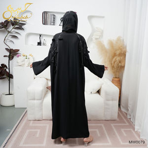 Habib新デザインヒジャーブブラックオープンアバヤセット工場卸売ビーズスリーブオープンアバヤヒジャーブ付き - Product Image 6