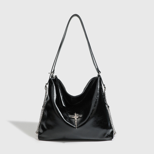 Bolso hobo de lujo para mujer, de piel sintética charolada, con correa de cadena, cierre de cremallera, moderno y elegante, bolso de hombro negro, estilo vintage. - Product Image 5