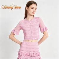 Ensemble tricoté pour femme, couleur unie, col rond, haut à manches courtes orné de perles et mini-jupe à volants cascade, patchwork, plissé, ajouré