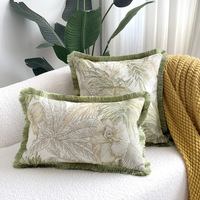 Jungle Plant Jacquard Polyester Taie d'oreiller Luxe Vert Clair Floral Feuille Housse de Coussin Décorative avec Frange