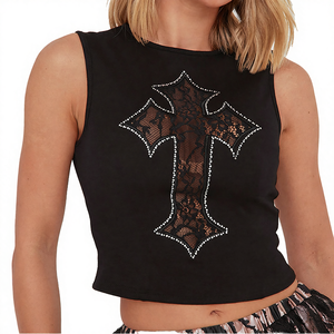 Peeqi Q25TP165 Summer Wholesale Women's New Floral Short Tank <b>Tops</b> Lace <b>Patchwork</b> Embroidery Rhinestone Sleeveless Hollow Crop - Product Image 4