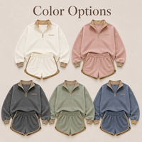 Ensemble 2 pièces personnalisé pour femme : Sweat-shirt à quart de zip avec bordure contrastante et short ample en molleton bouclette élastique au-dessus du genou pour tenue décontractée