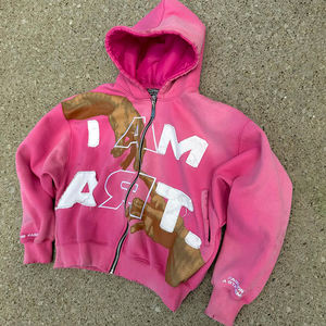 男性ヒップホップヘビーウェイトスウェットシャツ刺繍アップリケ酸ウォッシュジップアップピンクパーカー - Product Image 3