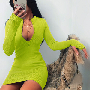<strong>Women</strong> Casual Long Sleeve Zip up <strong>Collar</strong> Straight Solid Color <strong>Dress</strong> Tight Sexy Bodycon Mini <strong>Dress</strong> - Product Image 2