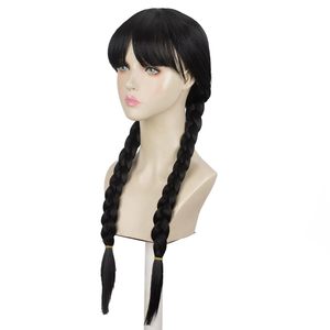 <span class=keywords><strong>Perruque</strong></span> de cosplay HLC à faible coût, personnalisée, pour Halloween, style <span class=keywords><strong>Addams</strong></span>, inspirée du film Wednesday, noire, avec frange droite et deux longues tresses - Product Image 3