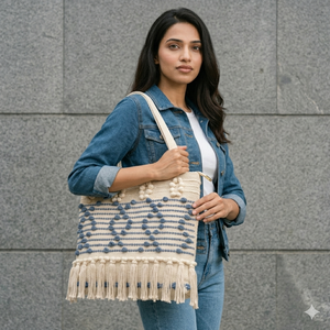 Bolso tote de mujer con flecos tejidos, diseño geométrico decorativo y interior espacioso para compras, viajes y uso diario. - Product Image 4
