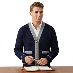 Men's <b>Navy</b> Knitted <b>Cardigan</b> Solid Color Full Sleeve Button Closure Autumn Wear - Product Image 1