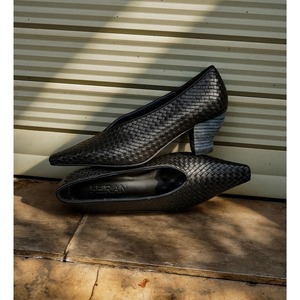 Chaussures simples en tricot pour femmes, à talon moyen épais, en cuir, à bout carré, à ouverture fine, style rétro - Product Image 2