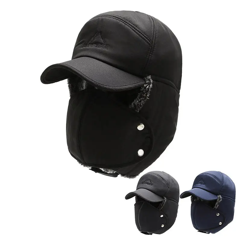 Wholesale Custom Black Earflap Thickened Winter Trapper Hat Facemask For Men/ushanka Aviator Ski Faux Fur Hat With Face Cover