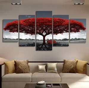 Peinture sur toile avec arbre rouge naturel moderne, multi-panneaux, image imprimée, hd, scène murale, Art