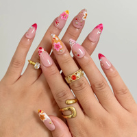 Ongles en acrylique à presser 3D, motif floral rose et blanc, ligne dorée, strass, peints à la main, personnalisables, forme amande, longueur moyenne, 10 pièces