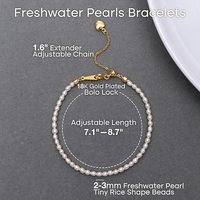 Bracelet en argent plaqué or 18 carats avec fermoir et chaîne d'extension, perles de riz d'eau douce de 2-3 mm
