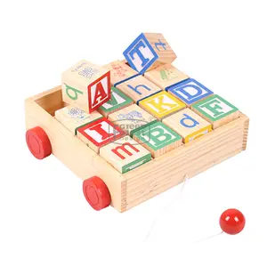 Educational Toy With 16 Solid laser engraved Wood Blocks Classic ABC Wooden Block Cart