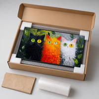 Peinture à l'huile sur toile peinte à la main, trois chats mignons, feuilles vertes, texture épaisse, art mural encadré, 50 x 100 cm, décoration de salon