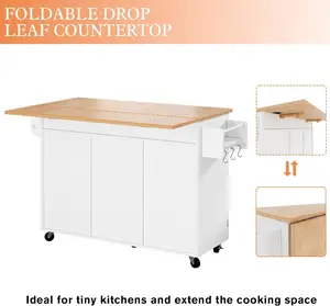 Farmhouse Barn Door Rolling Kitchen Island Cart With Drop Leaf Countertop Storage Cabinet And Tower Rack