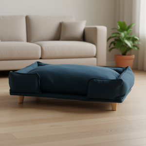 Canapé pour chien de grande taille en tissu bleu foncé avec pieds en bois de pin, meubles pour animaux de compagnie d'intérieur, style moderne, forme rectangulaire, utilisation toute saison - Product Image 2