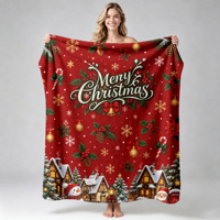 Plaid en polaire flanelle rouge Joyeux Noël, motif Flocons de neige et Village, Doux et Chaud, Impression Personnalisée OEM ODM