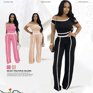 Ensemble <span class=keywords><strong>pantalon</strong></span> taille haute sexy deux pièces pour <span class=keywords><strong>femme</strong></span> BR6506, avec décolleté épaules dénudées et empiècements contrastants - Product Image 2