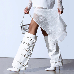 Women's Overlay Fashion Long Boots Slim High-Heeled Pointed Toe Pants Knee High <b>Booties</b> Belt Metal Buckles Shoes - Product Image 1