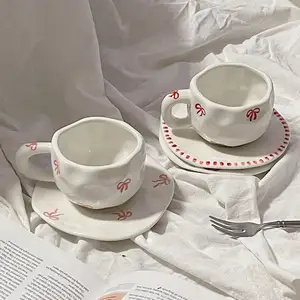 Lelyi Ins Schattig Meisje Hart Strik Keramische Kop En Schotel Creatieve Best Verkopende Handgetekende Koffiekop