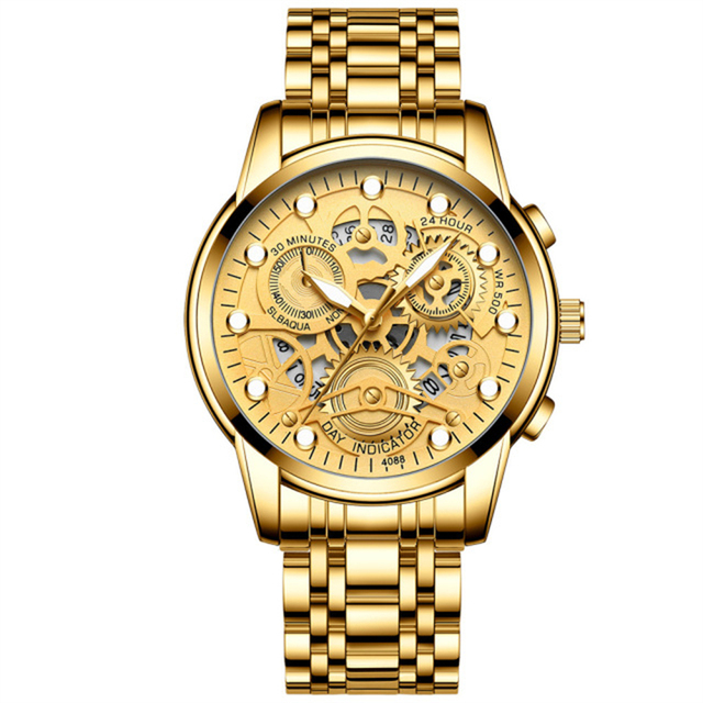 Fngeen 4088 Brand Gold Men's Automatic Hollow Trend Quartz Watch Stainless Steel Band Waterproof Luminous Fashion Watches