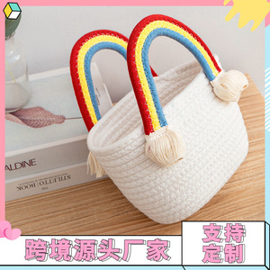 2026 Rainbow <b>Handbag</b>, Straw Woven Bag, Cotton Rope Handmade Basket, Beach <b>Handbag</b>, Versatile Tassel Woven Fashion <b>Small</b> Bag - Product Image 5