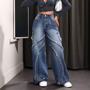 <span class=keywords><strong>Jean</strong></span> en denim délavé ample pour femme, coupe droite évasée, patchwork, bords bruts, poches latérales - Product Image 1