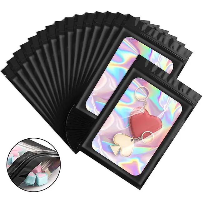 RTS en stock 100 pochettes refermables avec zip-lock 4x6 pouces emballage holographique laser sacs en mylar noir avec fenêtre transparente