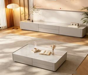 Cream Minimalist Full Rounded Edge TV Stand, Multi Hidden Drawer <b>Large</b> Capacity Low Long Sintered Stone TV Cabinet - Product Image 4
