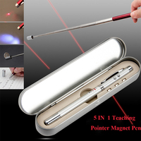 Pointeur Laser Rouge Rétractable Télescopique 5 en 1, Stylo Aimant, Lampe Torche LED et Stylo Bille avec Étui Métallique