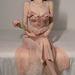 Puur Verlangen Esthetisch Satijn Patchwork Garen Wordt Geleverd Met Borstkussentjes Verleidelijke Jarretel Nachtjapon Huiskleding - Product Image 2