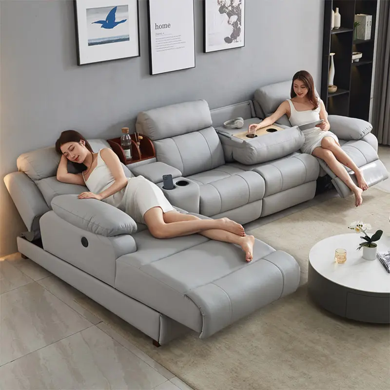 Modern Terbaru Hitam Lingkaran Kursi Sofa Listrik Media Sofa Kulit Berbaring Daya Ganda Disesuaikan Charger Kursi Set