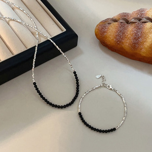Yinruitai S925 Sterling Silver Black Agate Double-tone Necklace <b>Bracelet</b> Set For Women Everyday Wear Clavicle Chain Jewelry - Product Image 4